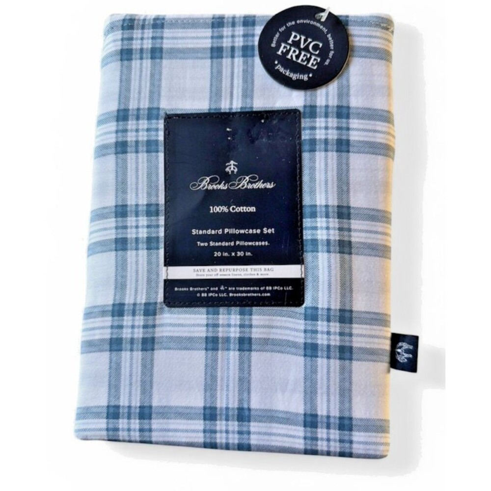 Brooks Brothers Pillowcases 20x30 Standard Blue White Gray Plaid Set of 2 Cotton